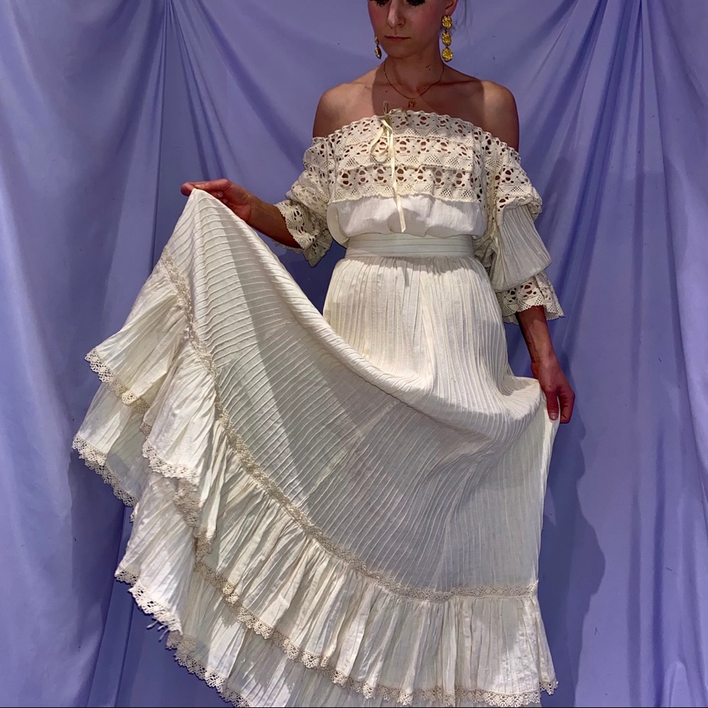 Vintage Two Piece Cream Peasant Top and Maxi Skirt
